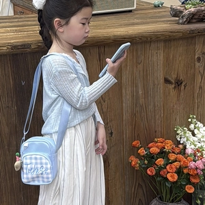 Kids light blue plaid crossbody bag with Tochaso embroidery and adjustable strap