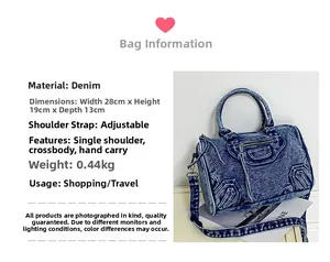 Detailed view of blue denim motorcycle bag dimensions measuring 28x19x13cm