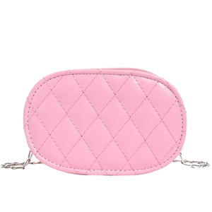 Pink quilted oval kids crossbody bag with stylish silver metal chain strap