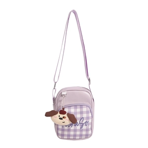Lavender plaid toddler crossbody bag with plush puppy pendant and Mina So logo