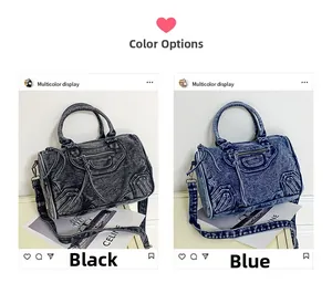 Detailed comparison of vintage denim motorcycle bags in washed black and deep blue colors