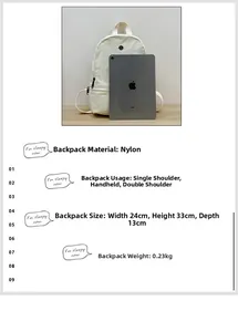 Detailed view of the large capacity cream nylon backpack with an iPad for size reference