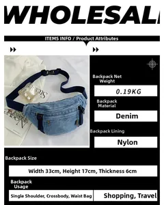 Detailansicht der blauen Denim-Umhängetasche mit Maßen 33x17x6cm und Nylon-Innenfutter