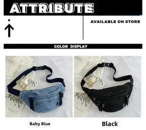 Detailansicht der Jeans-Gürteltaschen in Hellblau und Schwarz mit verstellbaren Gurten