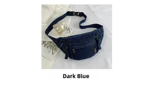 Flachbild von dunkelblauer Denim-Gürteltasche mit Reißverschlussfächern und verstellbarem Gurt