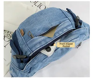 Detailansicht der vorderen Reißverschlusstasche dieser modischen Jeans-Brusttasche für Damen