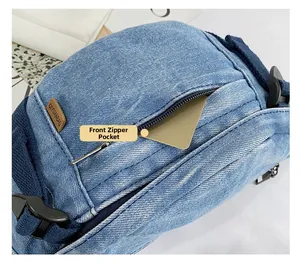 Detail der vorderen Reißverschlusstasche der Jeans-Gürteltasche mit Platz für Karten