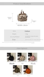 Detailed size specifications and multi-color options for multi-pocket utility bucket bag