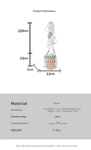 Détails de taille d'un mini sac à bandoulière en perles roses et violettes avec mesures