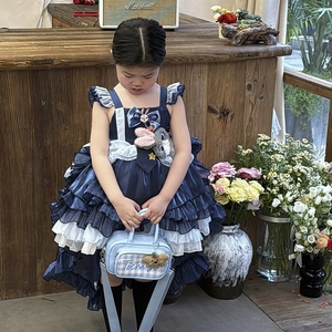 Navy blue girls lolita dress with layered lace skirt and matching plaid handbag