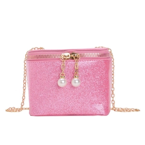 Pink sequin mini crossbody box bag for kids with gold chain strap and pearl zippers