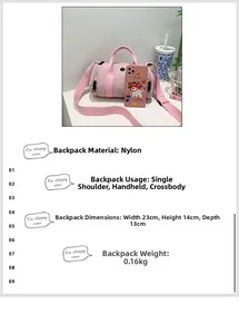 Detail of pink nylon barrel bag for kids with shoulder strap and phone for scale