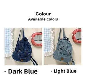 Detailed comparison of dark blue and light blue denim mini backpacks with metal eyelets