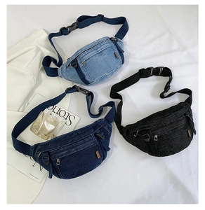 Detaillierte Flachbildansicht von Denim-Gürteltaschen in Hellblau, Dunkelblau und Schwarz