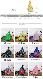 Size chart and dimensions for cartoon dinosaur and unicorn printed nylon kids chest bags