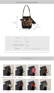 Detailed sizing chart and specifications for children's mini leopard bucket bag in PU leather