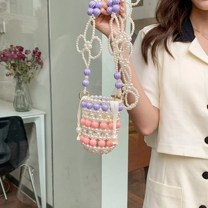 Sac seau en perles fait main avec perles florales et fermeture à cordon en satin