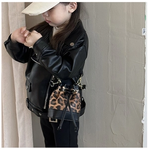 Kids black leather jacket paired with trendy leopard print drawstring bucket bag