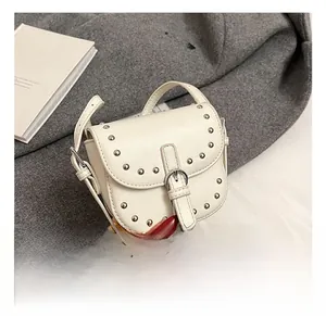 Detail shot of mini saddle bag featuring silver rivets and elegant buckle closure