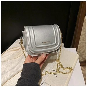 Gros plan détaillé du mini sac argenté avec chaîne dorée et inscription mode gravée
