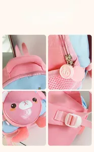 Détails du sac à dos enfant rose et bleu avec décoration d'ours et fermetures éclair robustes