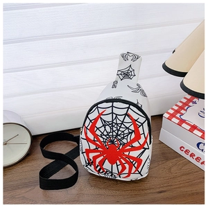 Detailed view of white Spider-Man kid's chest bag with red logo and black spider web pattern