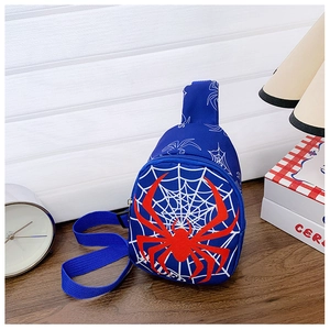 Detailed view of Spider-Man themed blue chest bag with red spider print and nylon texture