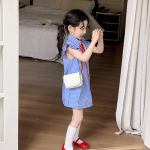 Robe vichy bleue pour filles avec col à volants et nœud rouge, mode d'été enfant