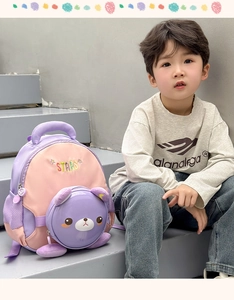 Détail du sac à dos enfant avec poche ours 3D, broderie Stars et filet de rangement