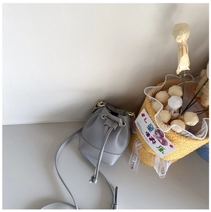 Detail of grey mini bucket bag showing lychee grain leather and gold hardware