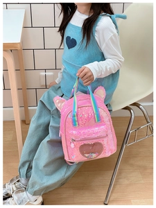 Pink sequin kids backpack with heart glitter compartment and cute cat ears design
