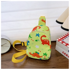Detail of cartoon dinosaur print kids chest bag with yellow adjustable shoulder strap