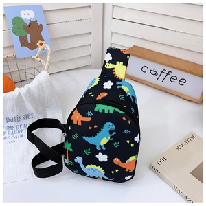 Close-up of children's black chest bag with colorful cartoon dinosaur prints and sturdy zipper