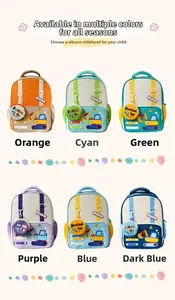 Cartoon excavator kids backpacks in six colors including orange, cyan and purple