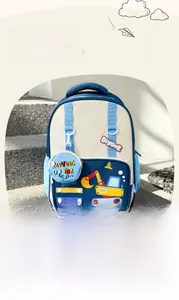 Detail of kindergarten backpack with excavator embroidery and large capacity compartments