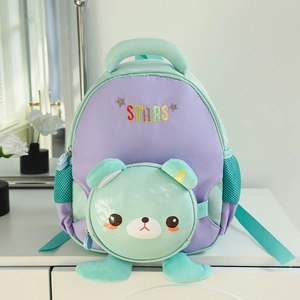 Vue détaillée du sac à dos enfant mignon thème ours en vert menthe et violet pastel