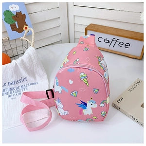 Detail of pink kids chest bag featuring cartoon unicorn prints and adjustable strap