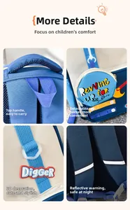 Detail view of cartoon kids backpack featuring detachable coin purse and safety reflector strips