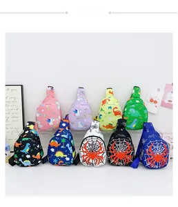 Various cute cartoon kids chest bags with unicorn and spider prints on white background
