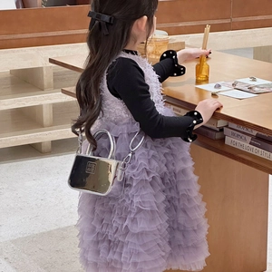Mini borsa argento alla moda per bambine con abito in tulle viola a balze multistrato