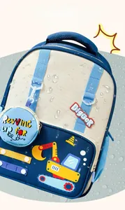 Waterproof cartoon excavator school backpack with side coin purse in navy blue
