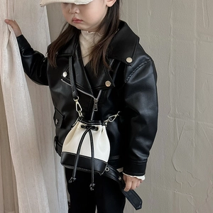 Kids black PU leather biker jacket with mini leopard print drawstring bucket bag