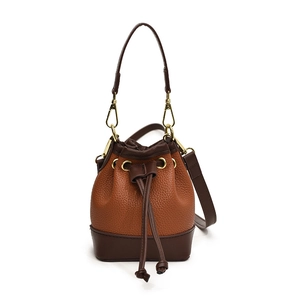 Kids leopard print bucket bag in brown faux leather with drawstring and gold hardware