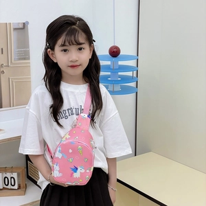 Pink cartoon unicorn chest bag for girls featuring rainbow and ice cream prints