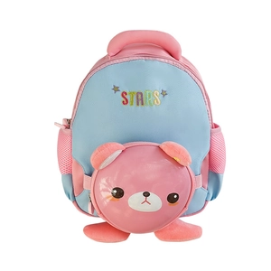 Sac à dos enfant bicolore rose et bleu avec ours en 3D et broderie STARS colorée