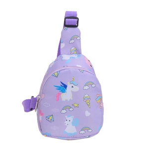 Purple cartoon unicorn and rainbow print chest bag for kids with adjustable strap