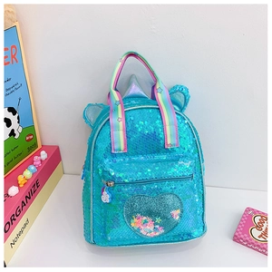 Detail of blue sequin unicorn backpack with a heart-shaped glitter pocket and rainbow strap