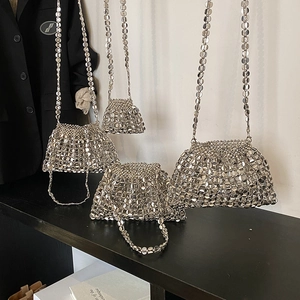 Metallic Sequin Shoulder Bag Handmade Woven Beaded Chain Handbag Trendy Minimalist Underarm Bag For Women