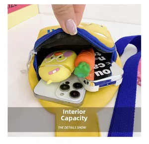 Macro detail of internal capacity for yellow crossbody bag with blue zipper