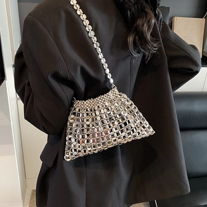 Chic silver sequin woven shoulder bag for women featuring a metallic link chain strap